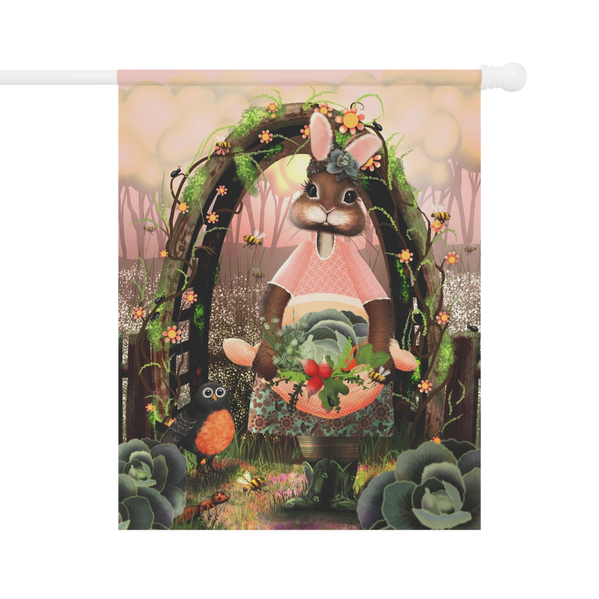Garden Bunny Garden Flag — Spring Cottagecore Yard Banner with Rabbit and Floral Wreath