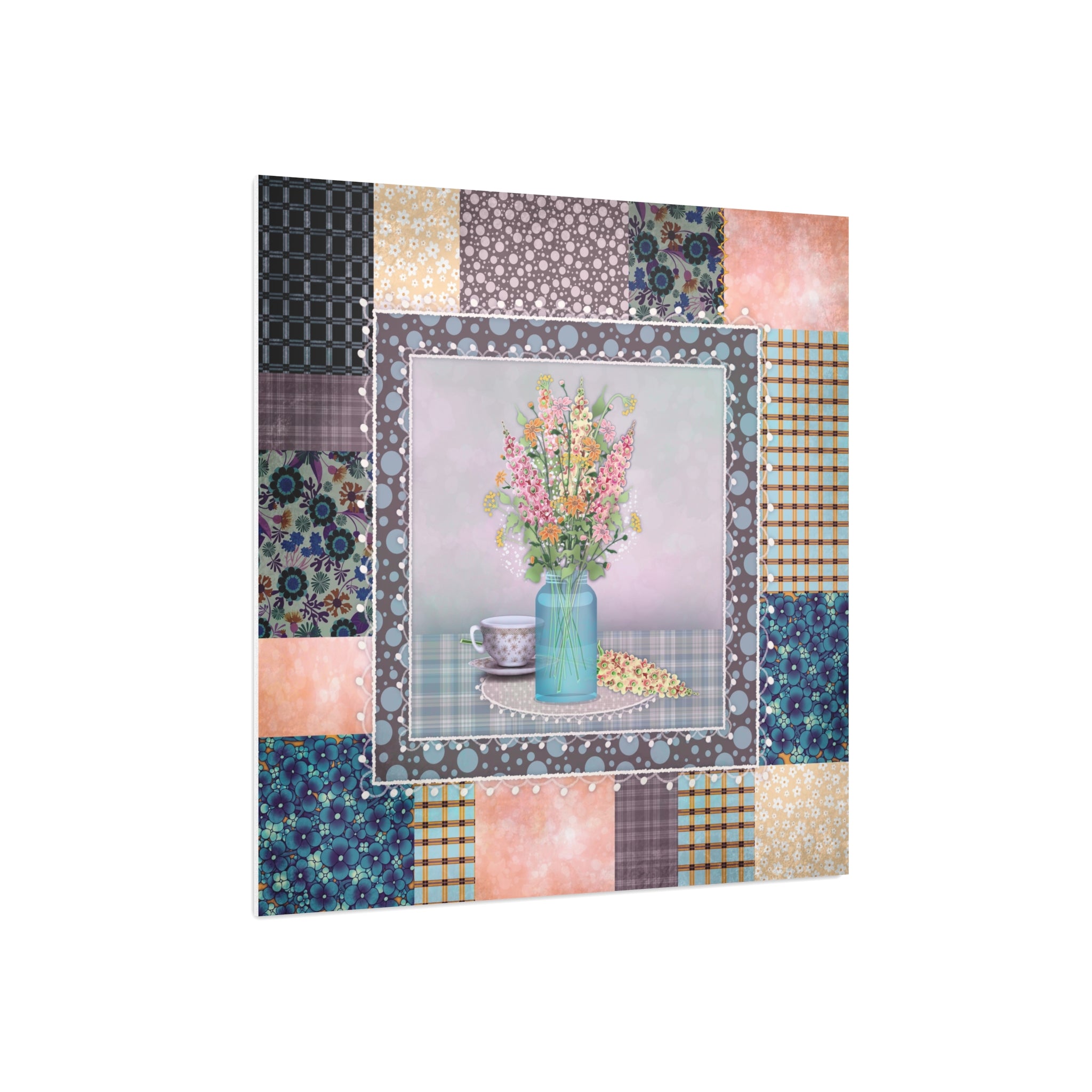 Floral Patchwork Foam Board Art — Pastel Bouquet in Vase