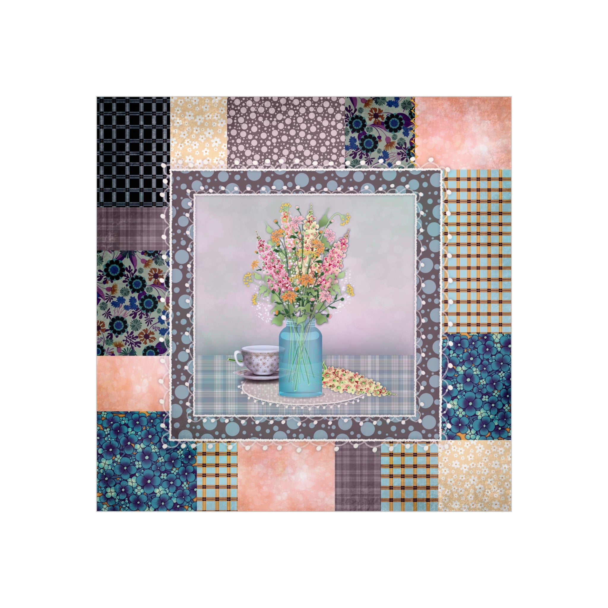 Floral Patchwork Foam Board Art — Pastel Bouquet in Vase