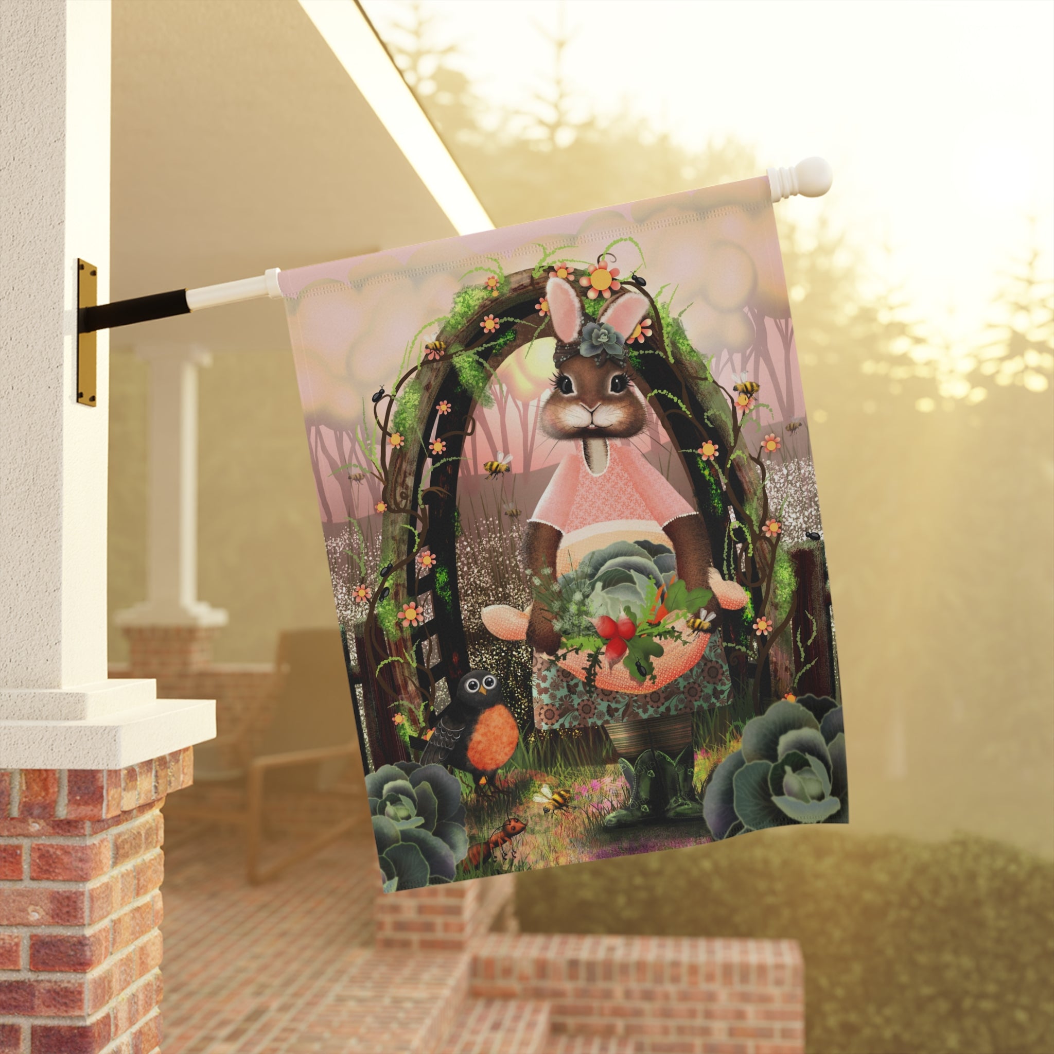 Garden Bunny Garden Flag — Spring Cottagecore Yard Banner with Rabbit and Floral Wreath