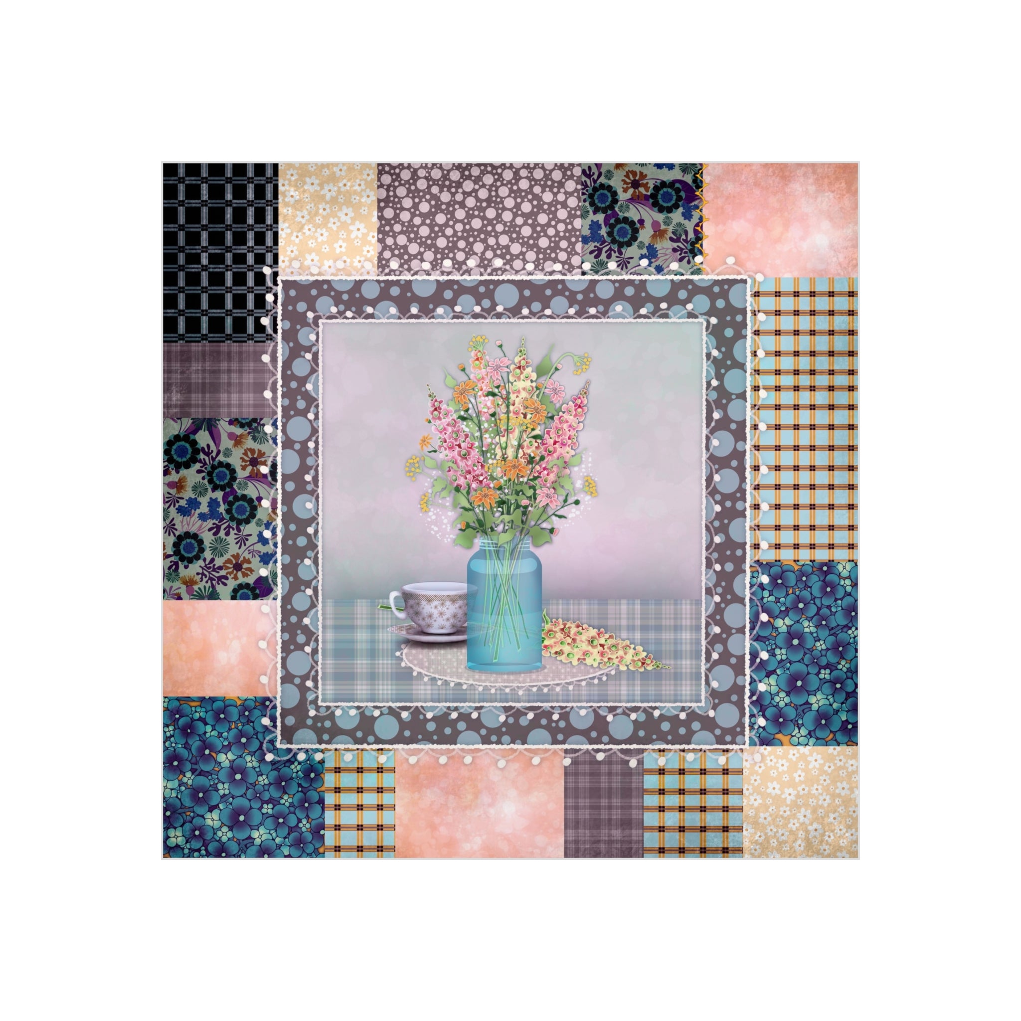 Floral Patchwork Foam Board Art — Pastel Bouquet in Vase