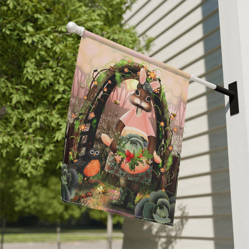 Garden Bunny Garden Flag — Spring Cottagecore Yard Banner with Rabbit and Floral Wreath